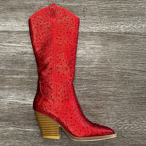 Women's Red Blingy Rhinestone Western Knee High Cowboy Boots - Picture 5 of 6